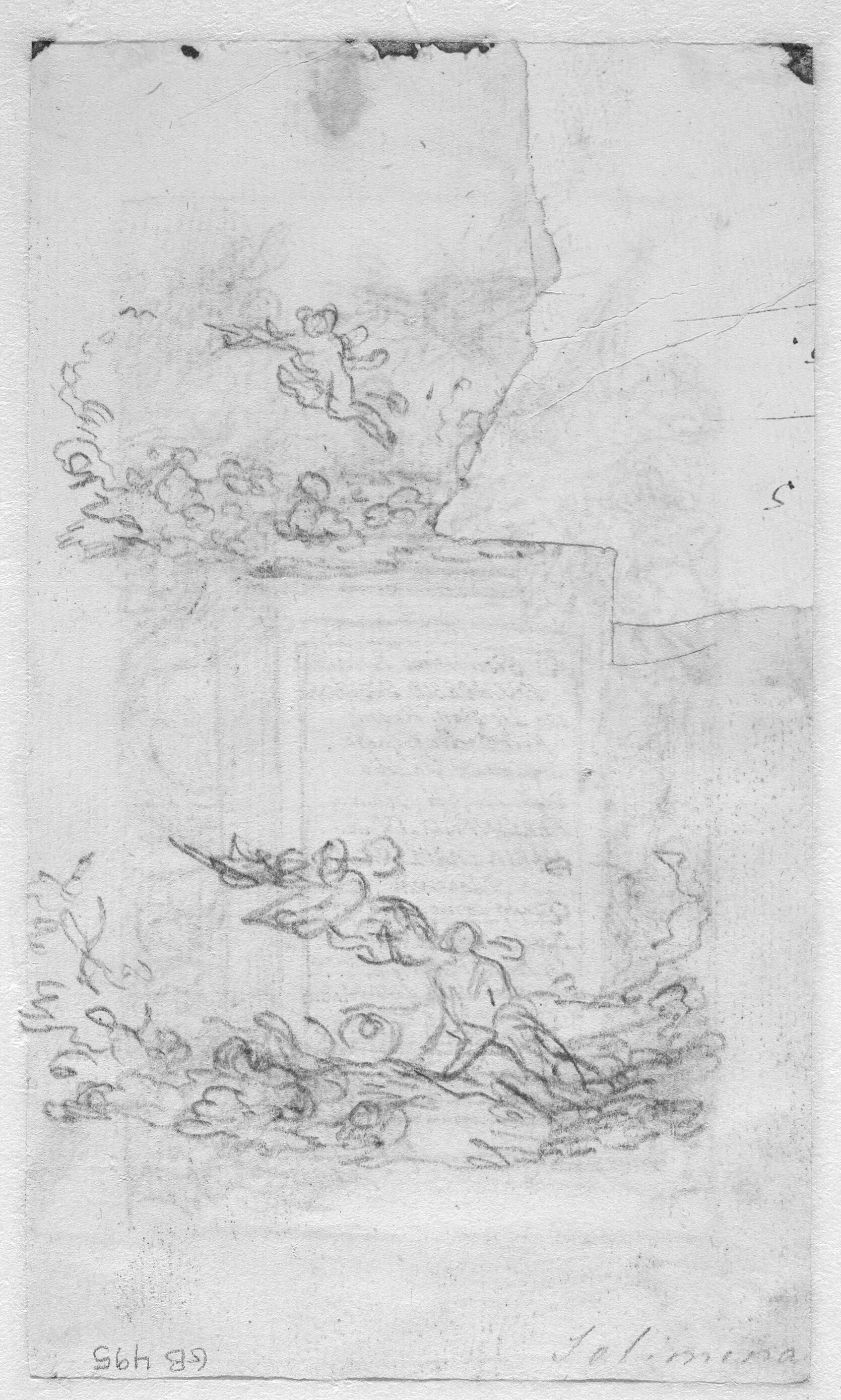 To skitser af flyvende figurer og blomsterkranse